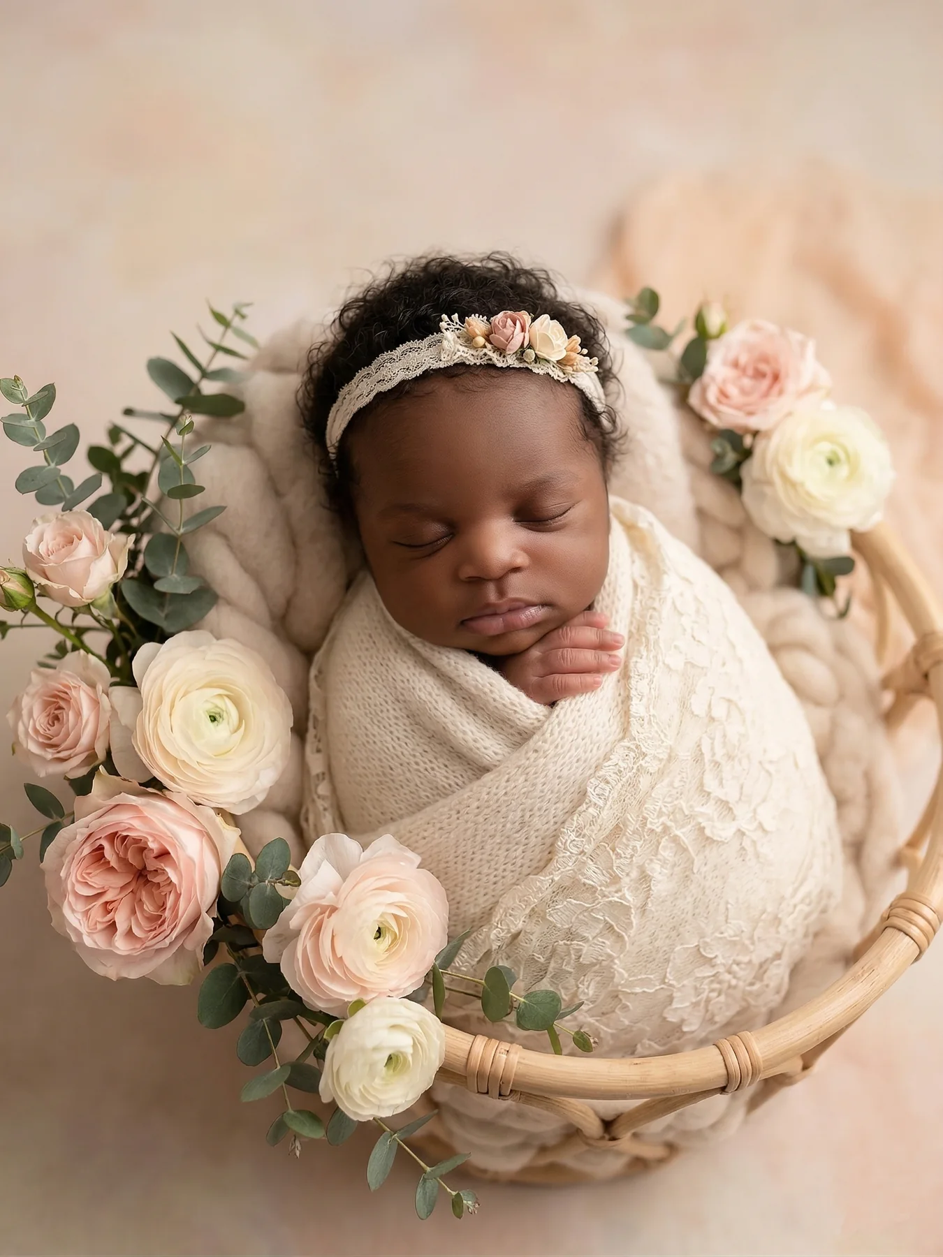 A sleeping newborn wrapped in cream and surrounded by blush roses