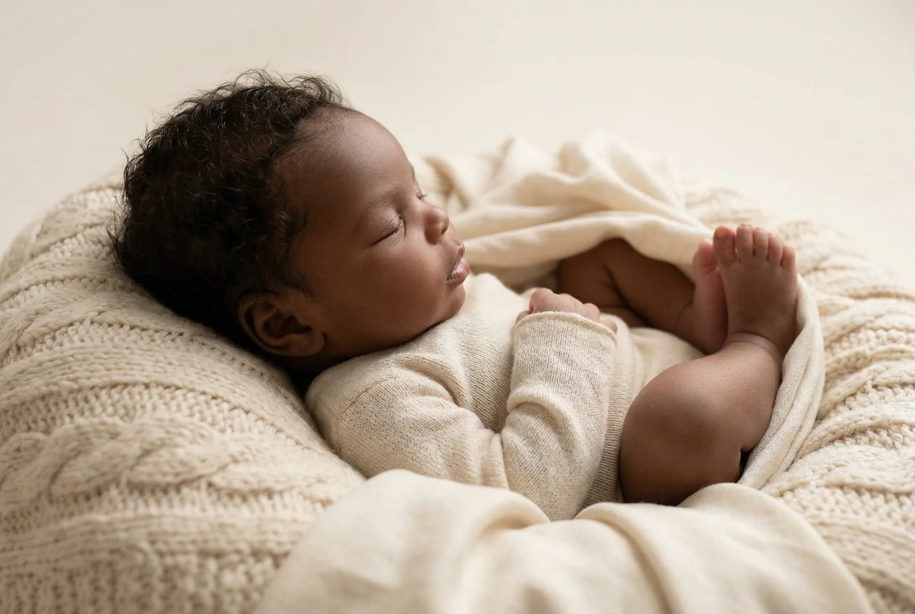 A newborn resting peacefully among layers of soft cream fabric