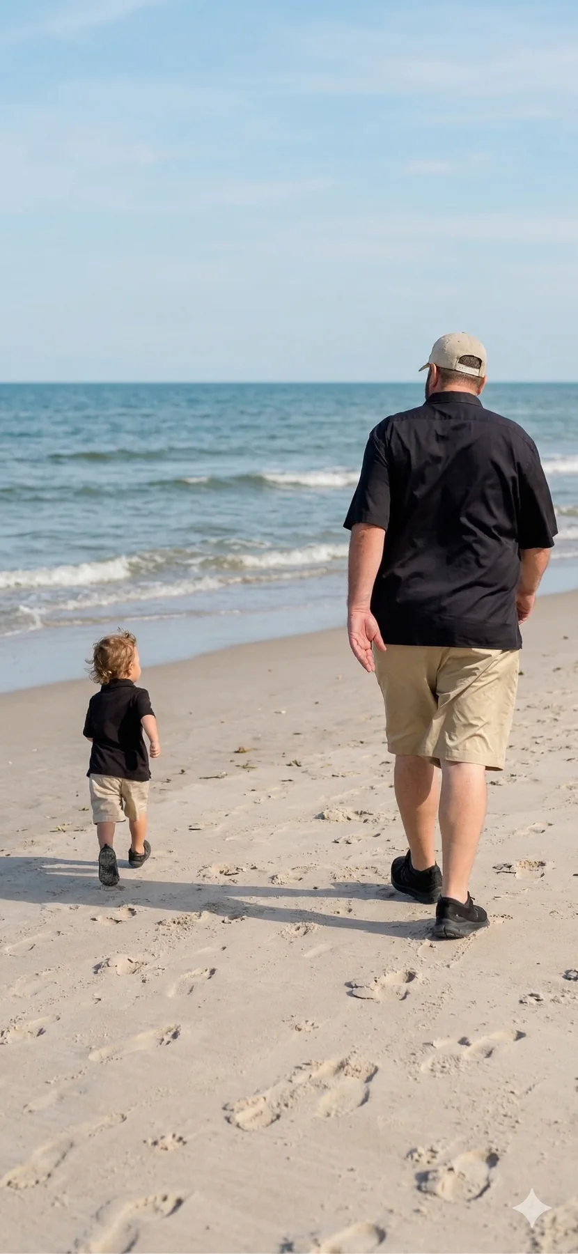 A parent and child walking together along the beach