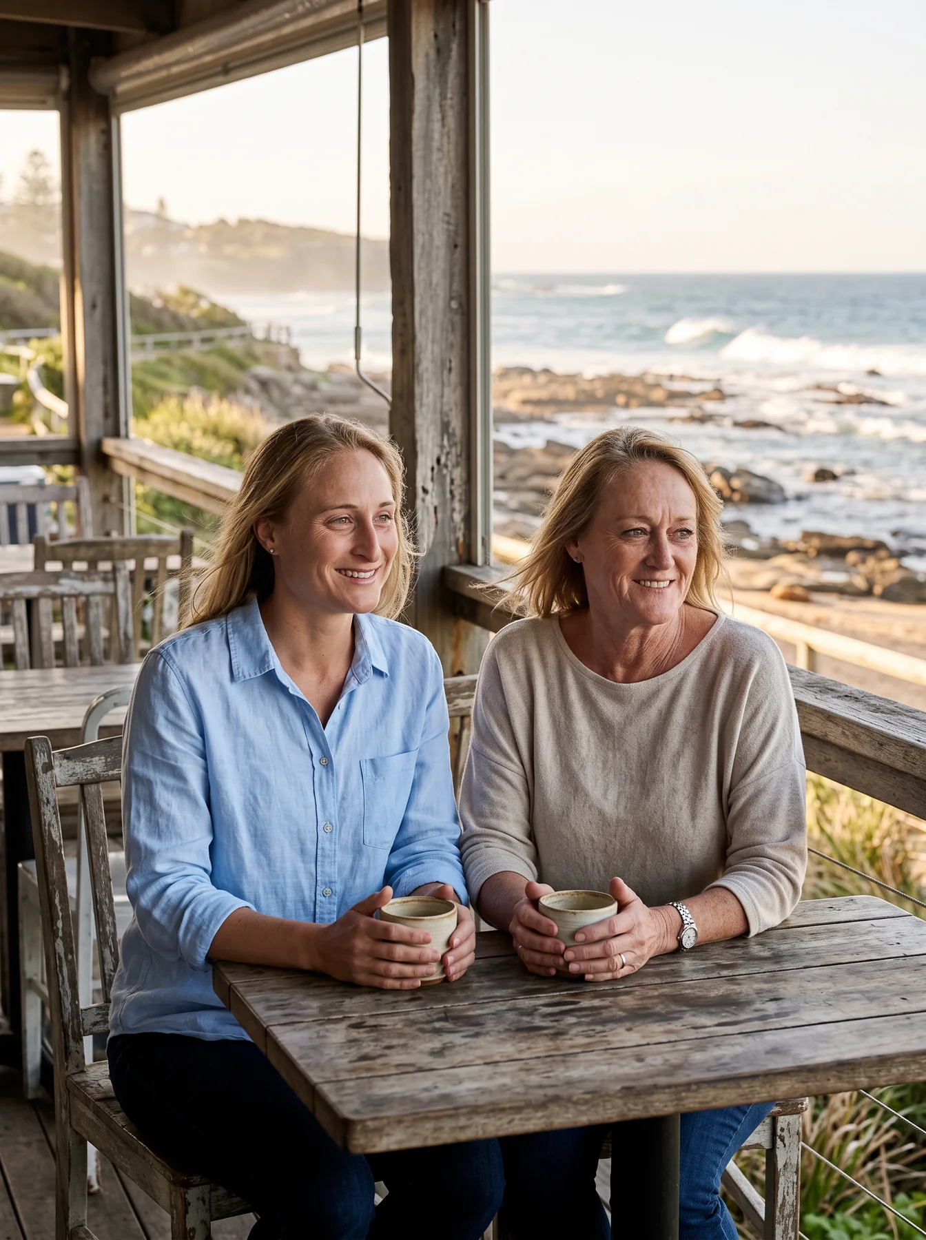 Two women sharing a relaxed moment beside the coast