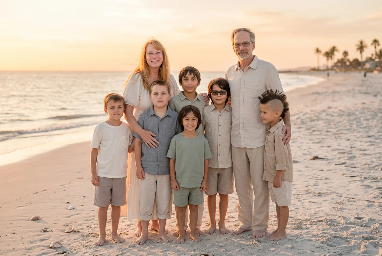 A large family gathered on the beach in warm evening light