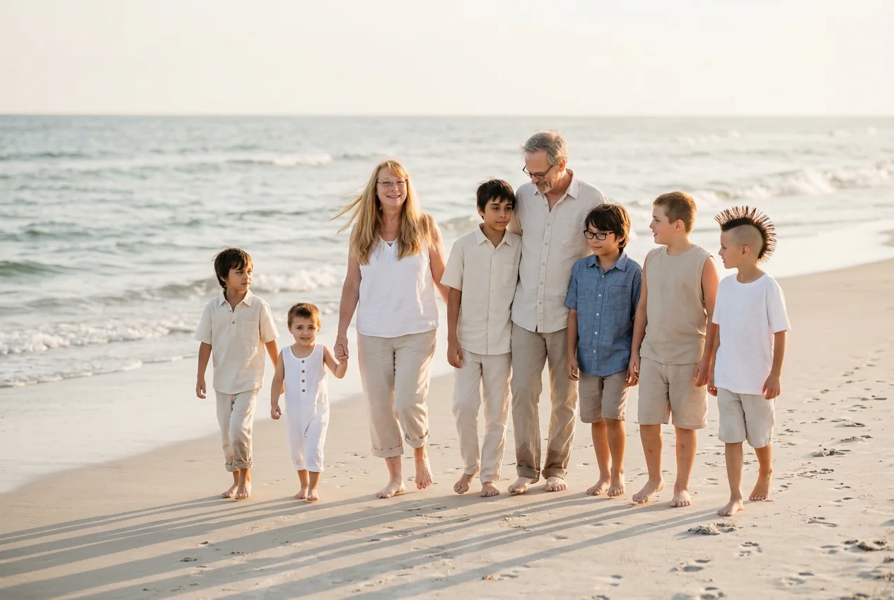 A family walking together beside gentle ocean waves