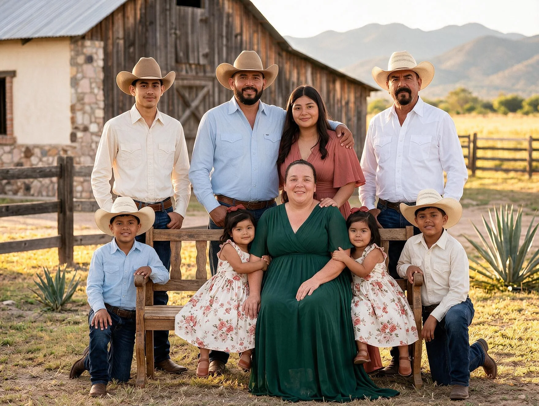 A multigenerational family gathered for a portrait at a country ranch
