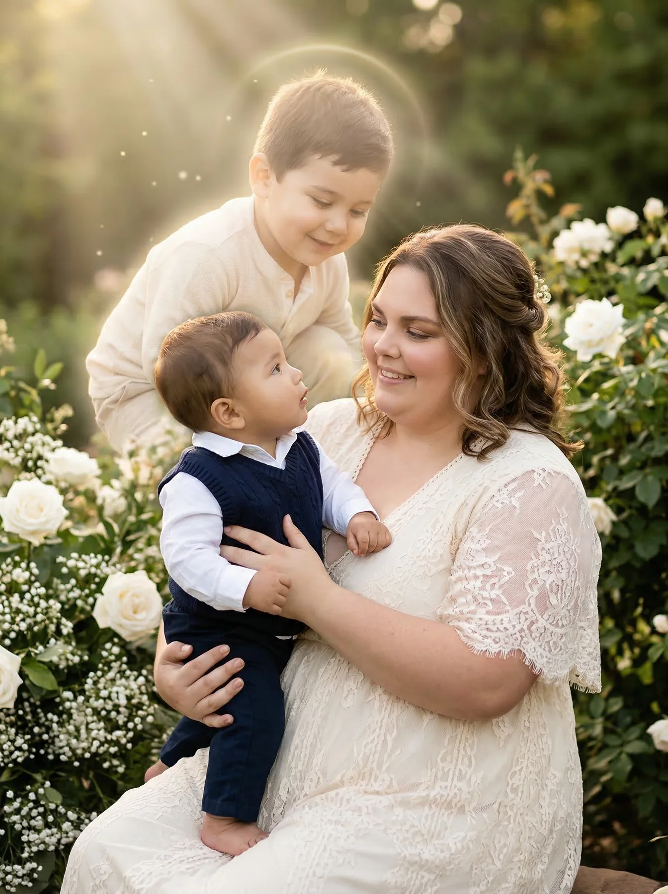 A mother and young child sharing a tender moment among white flowers