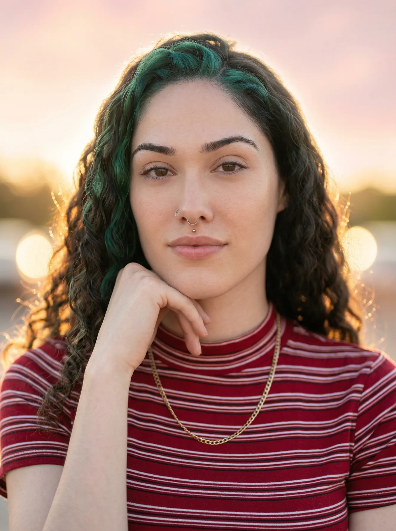 A softly lit memorial portrait of a young woman with dark curls