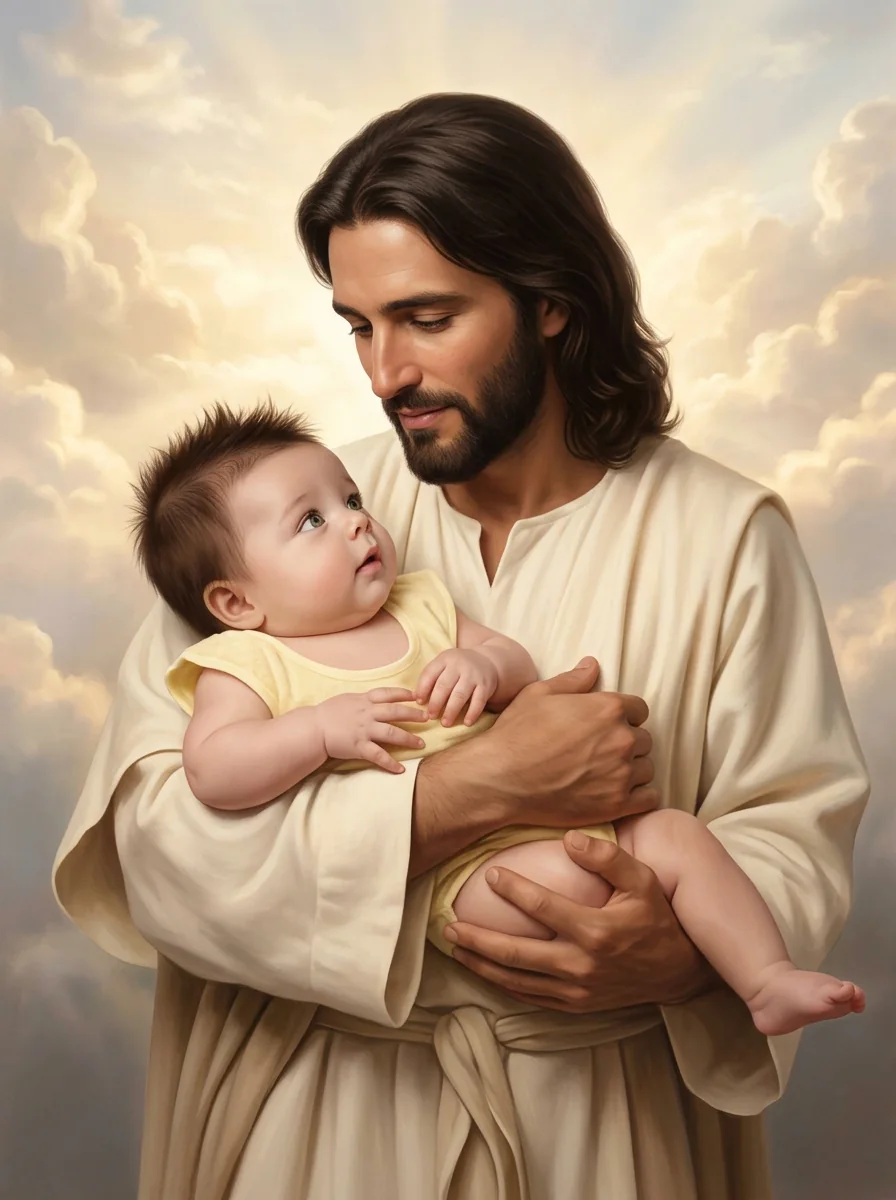 A symbolic memorial portrait of a baby held safely in loving arms