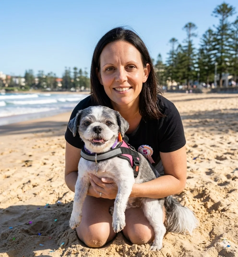A woman smiling with her much-loved small dog on the beach