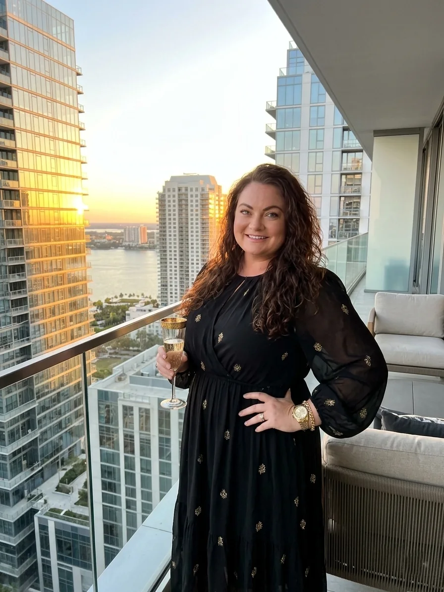 A confident woman in black photographed against a city skyline