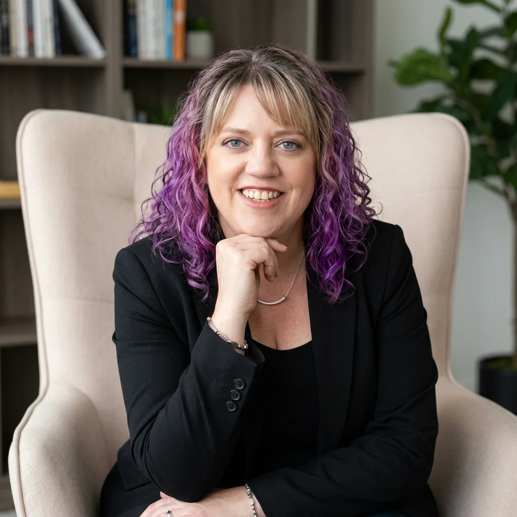 A professional woman with purple hair seated for a relaxed portrait