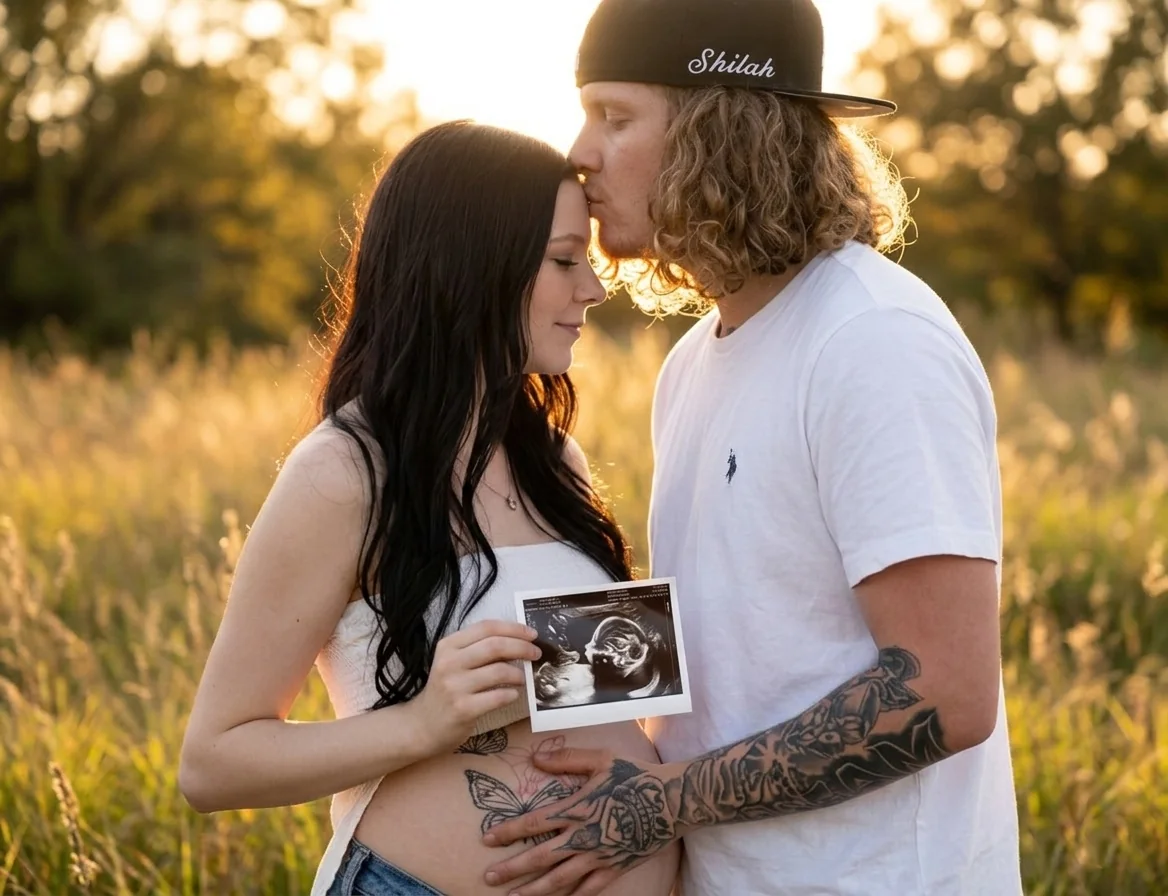 An expectant couple holding an ultrasound photograph in a golden field