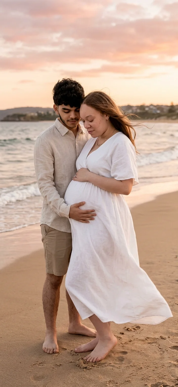 An expectant couple standing close together on a quiet beach