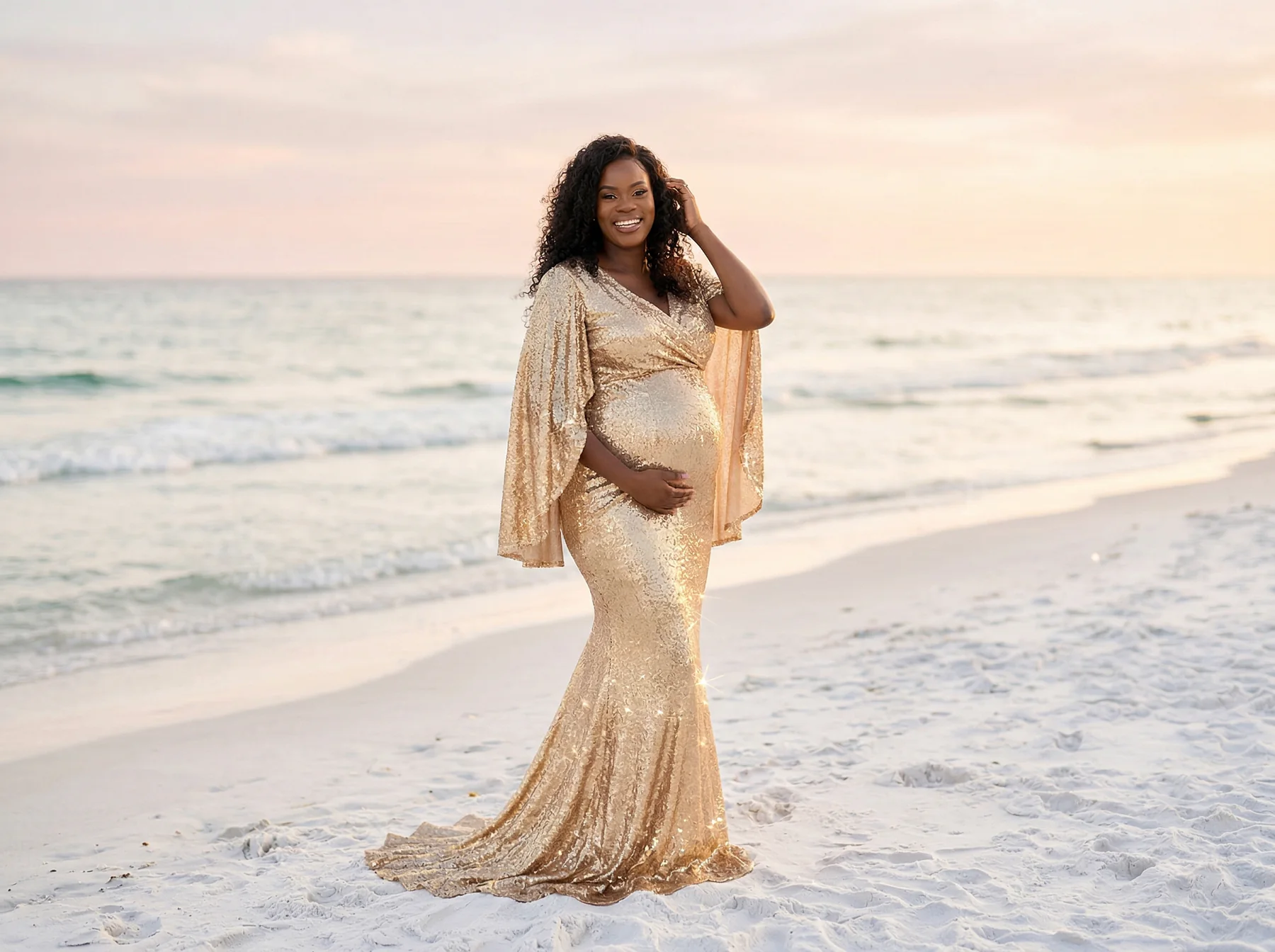 An expectant mother in a beaded cream gown standing on the beach
