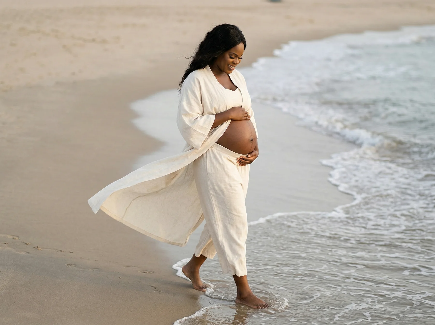 An expectant mother in cream walking along the water's edge