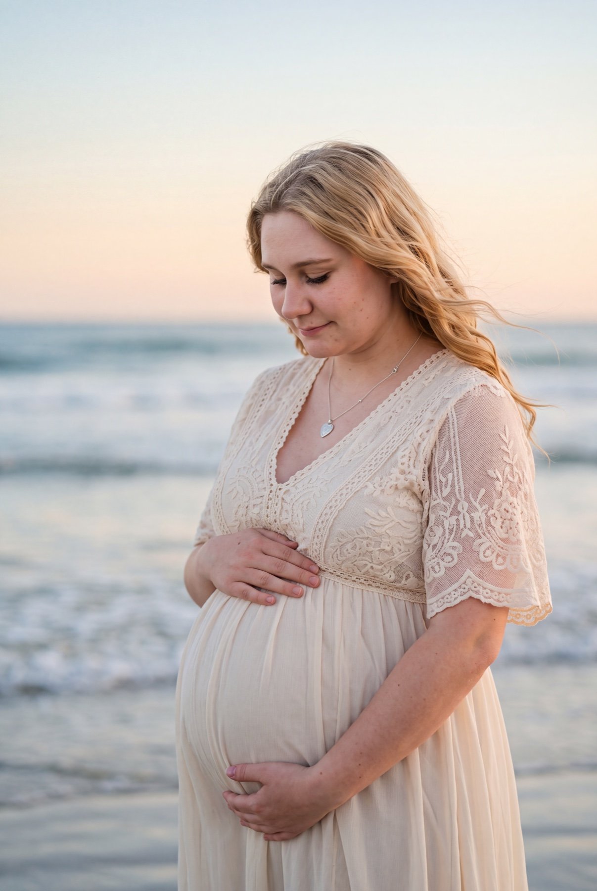 An expectant mother in a cream lace dress cradling her belly beside the ocean at sunset