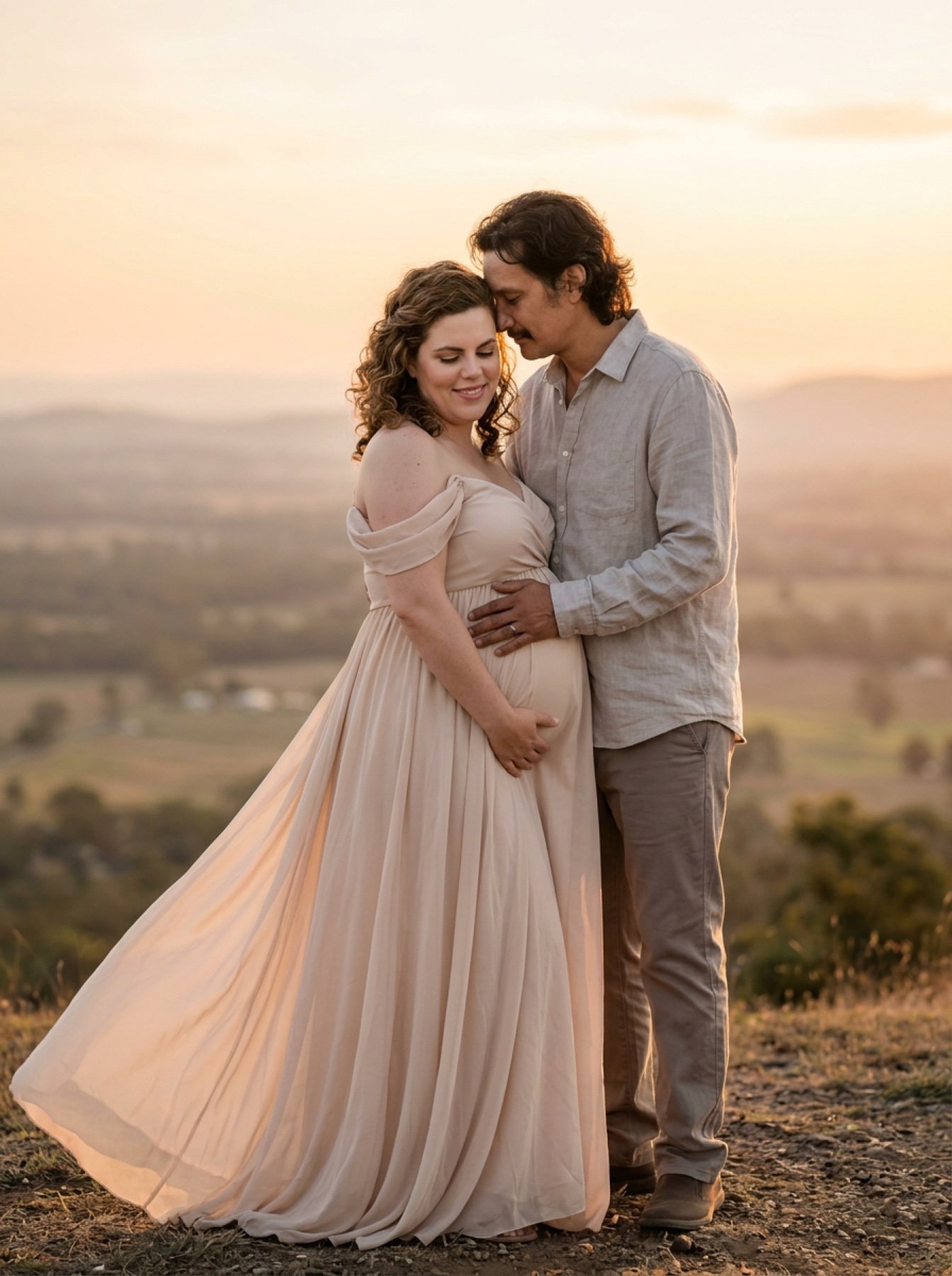 An expectant couple embracing on a hilltop at sunset, with the mother wearing a flowing cream gown
