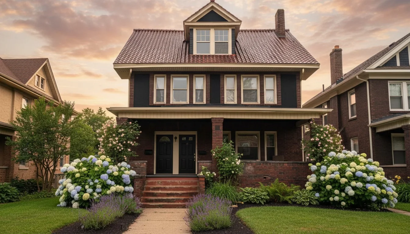 A dark heritage home with refined landscaping at sunset