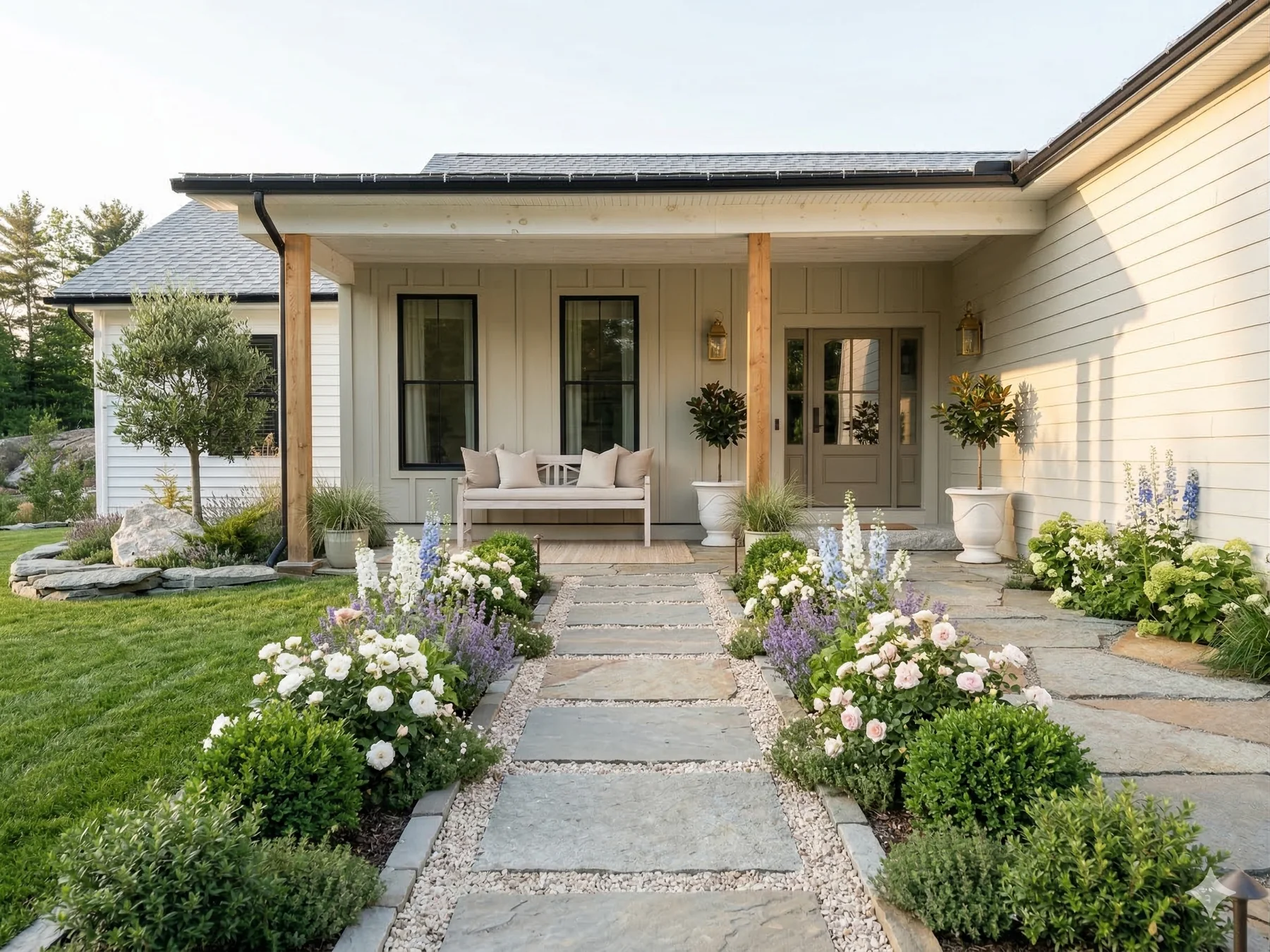 A bright cottage entrance framed by a fresh flowering garden