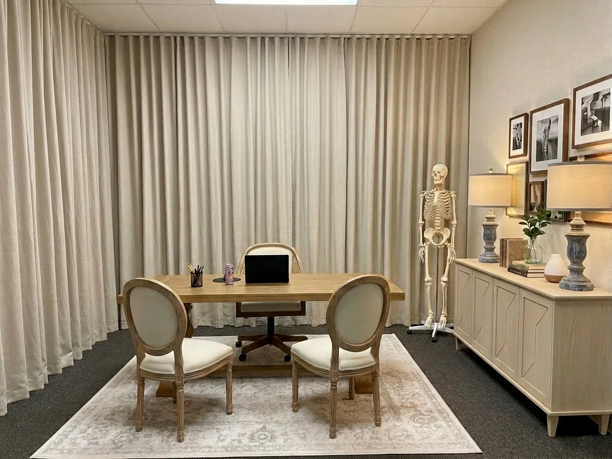 A calm neutral home office styled for a polished property presentation