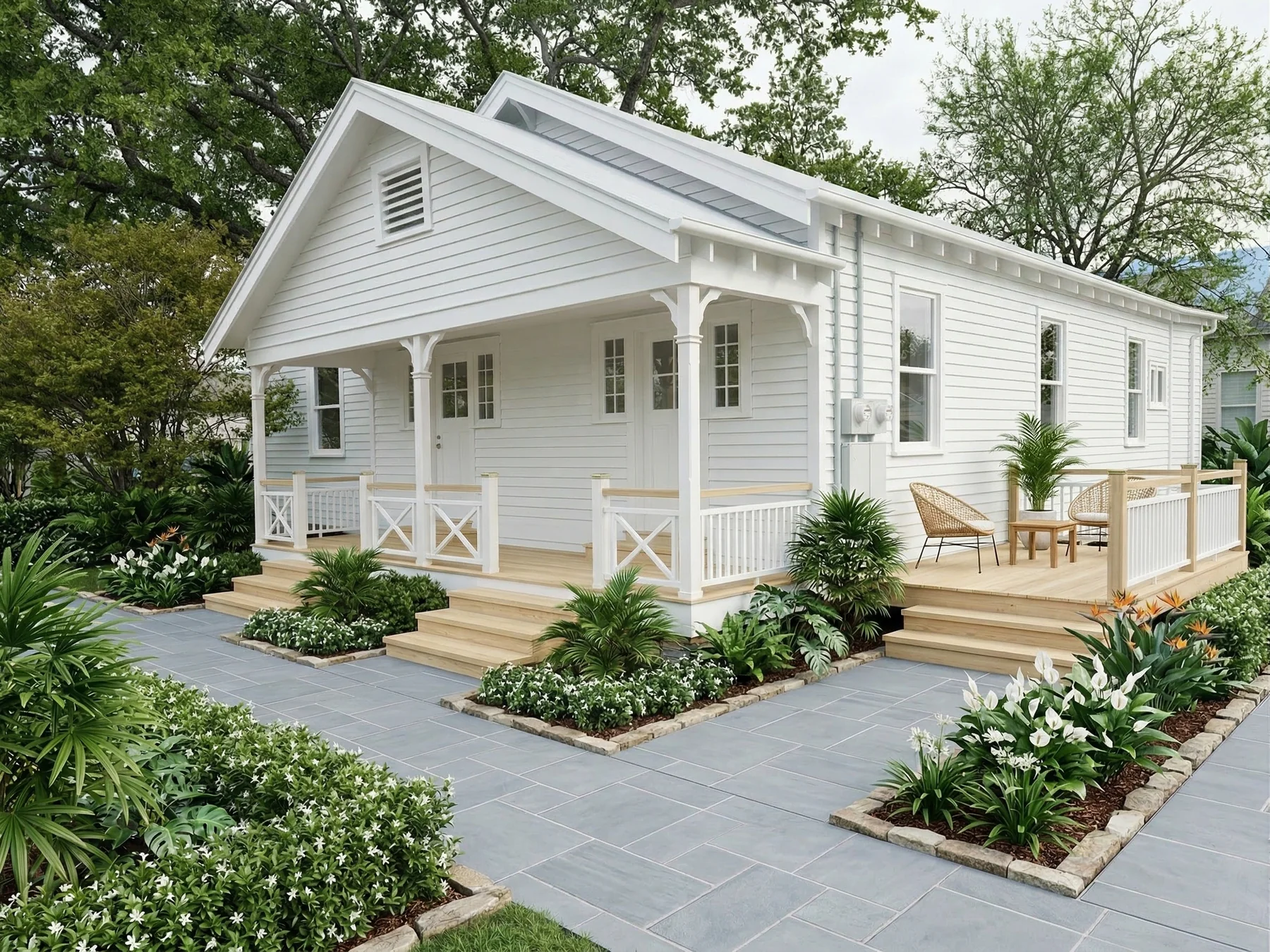 A white coastal cottage with a newly landscaped terrace