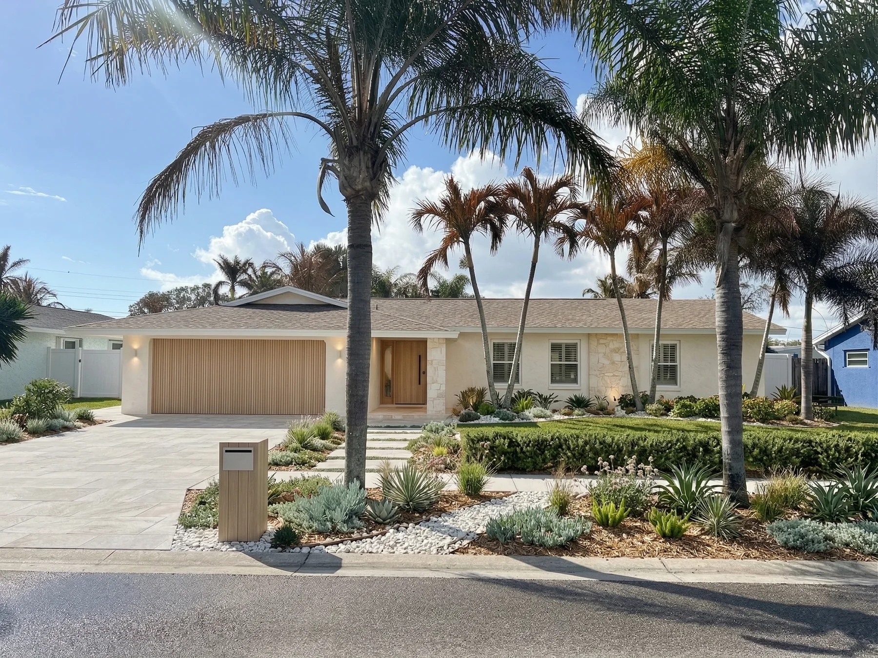 A refreshed suburban home with palms and clean modern landscaping