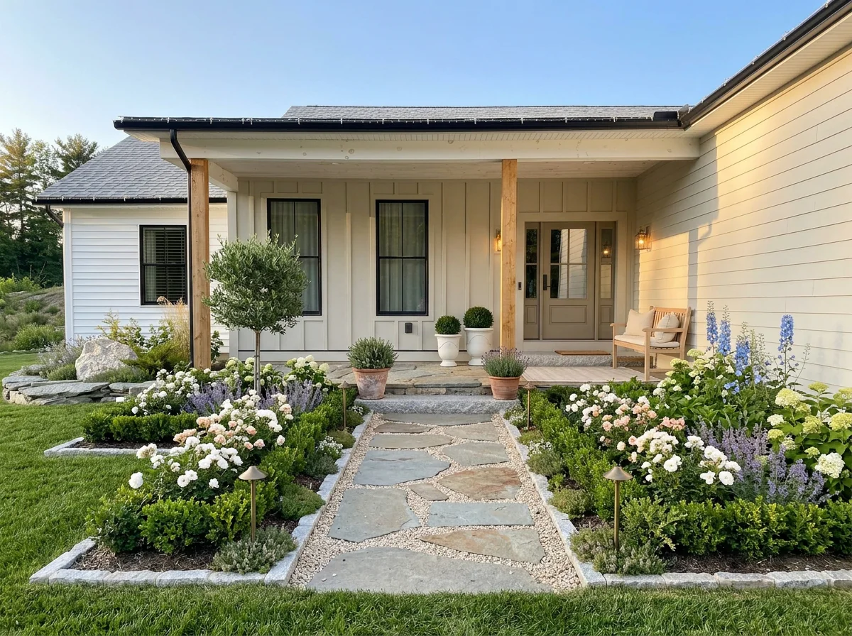 A welcoming cottage entry with a stone path and flowering borders