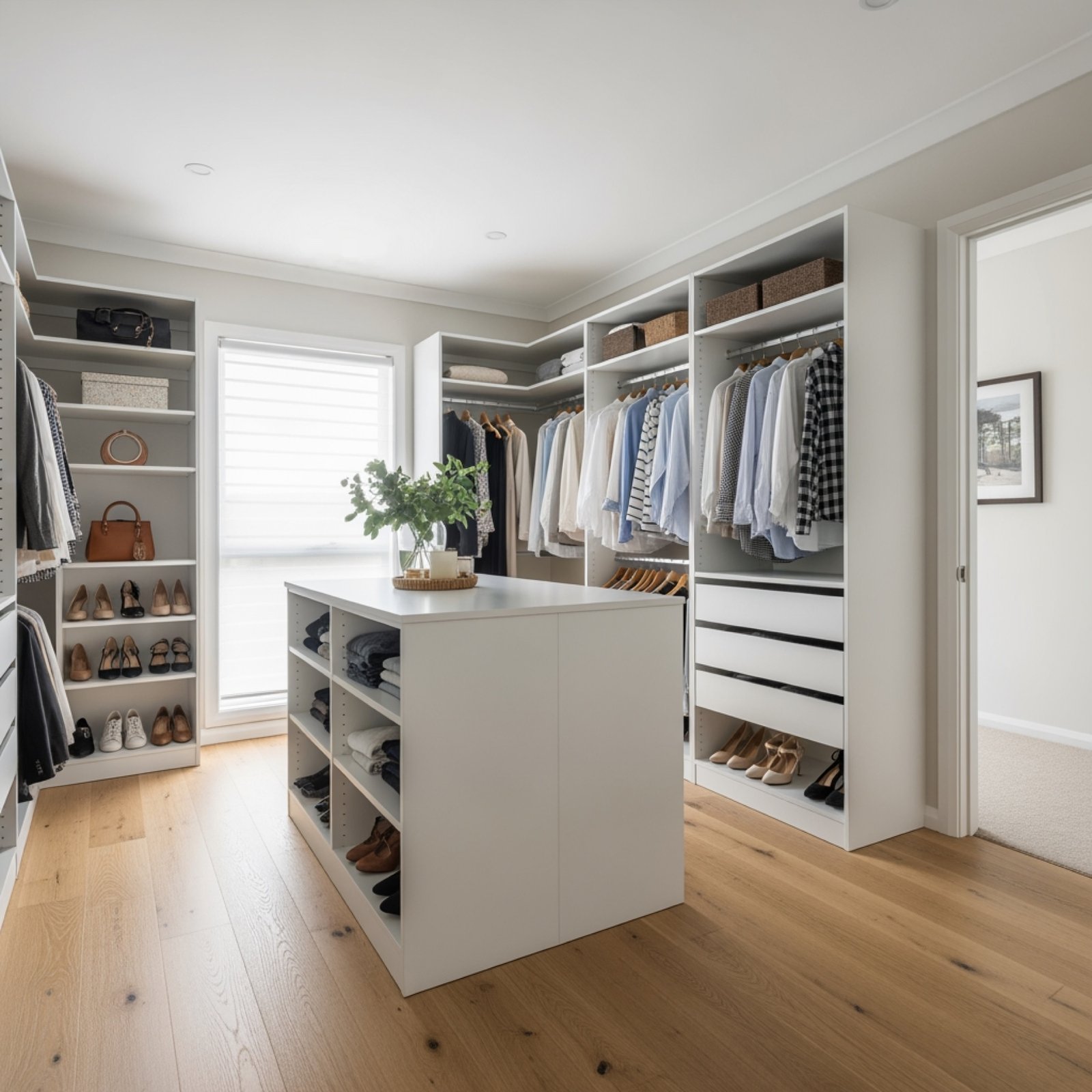 A light-filled walk-in wardrobe with white shelving, timber flooring and a central island