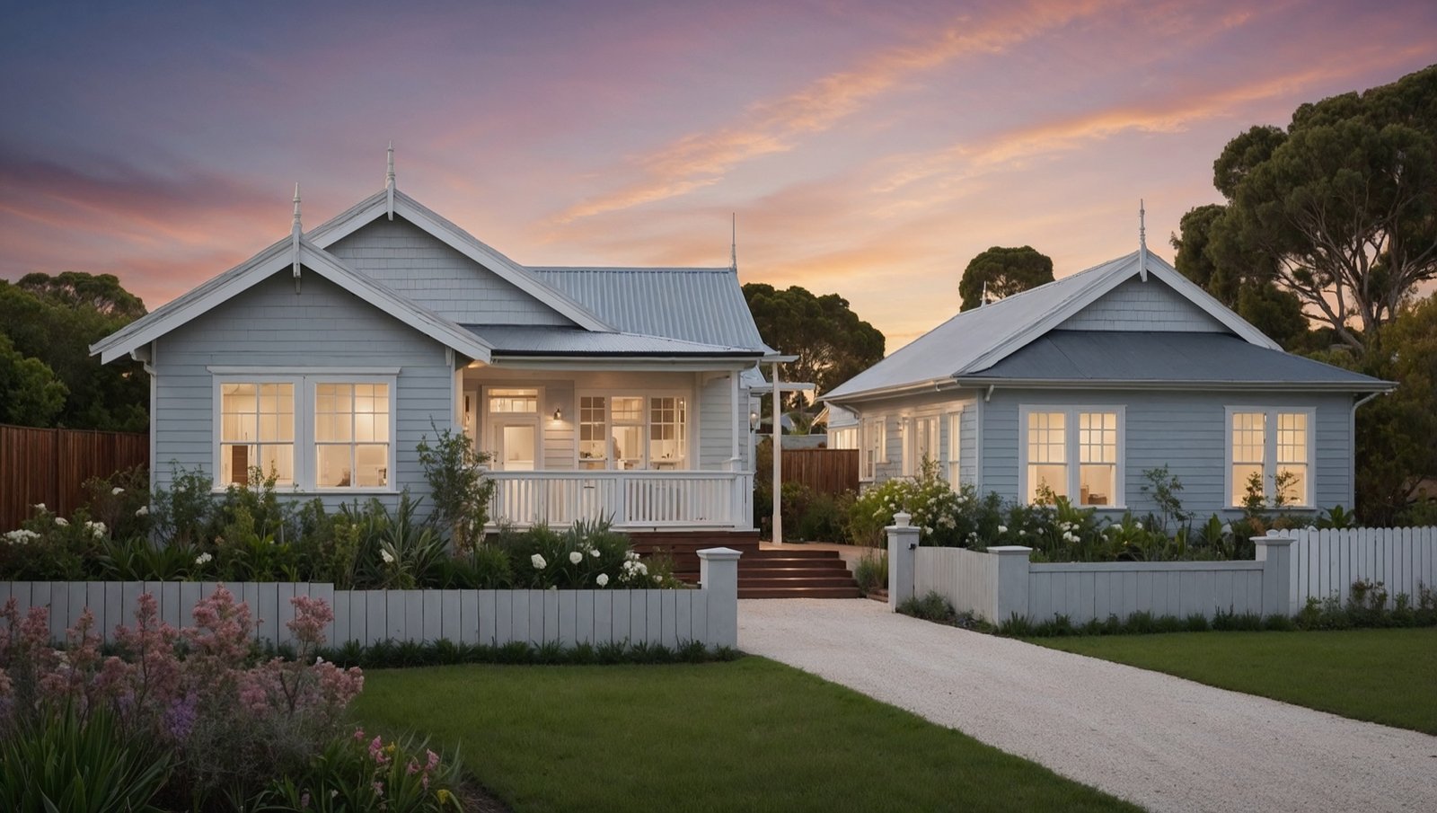 A pale weatherboard home and separate cottage with glowing windows beneath a pink sunset