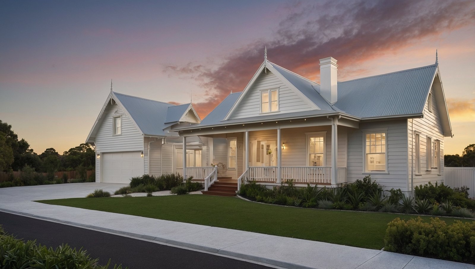 A white Hamptons-inspired home with a wide verandah and warm windows at sunset