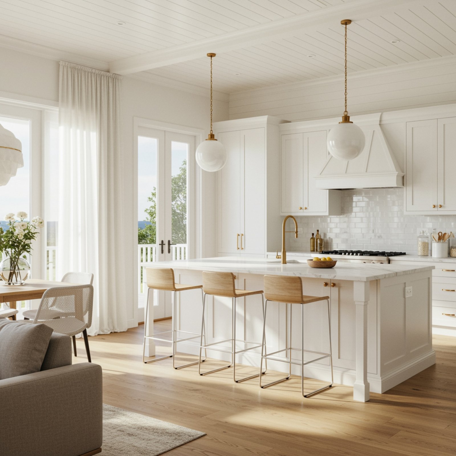 A white Hamptons-style kitchen with brass fittings, globe pendant lights and timber stools