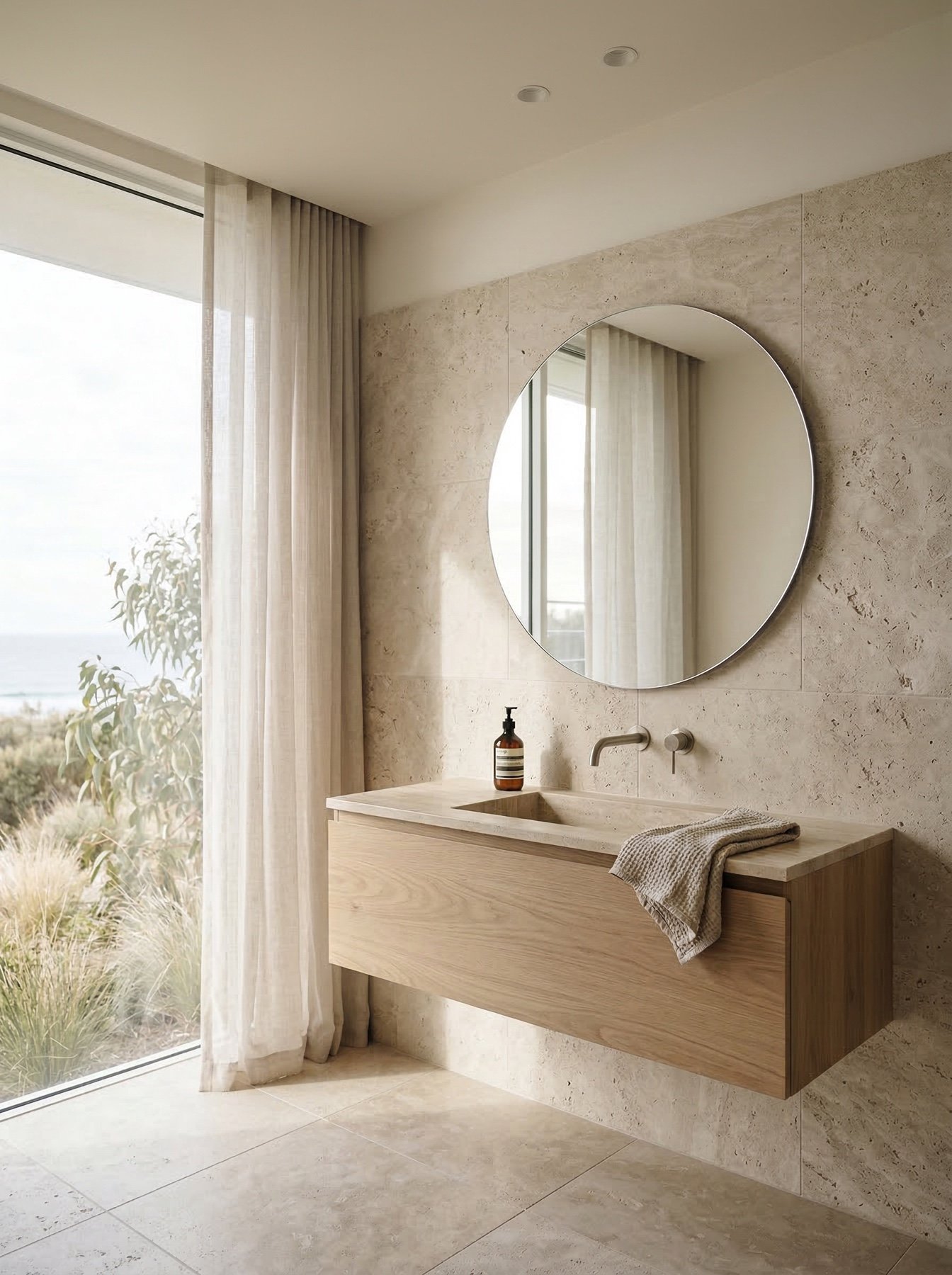 A minimalist bathroom with a timber vanity, round mirror and pale stone beside a coastal window