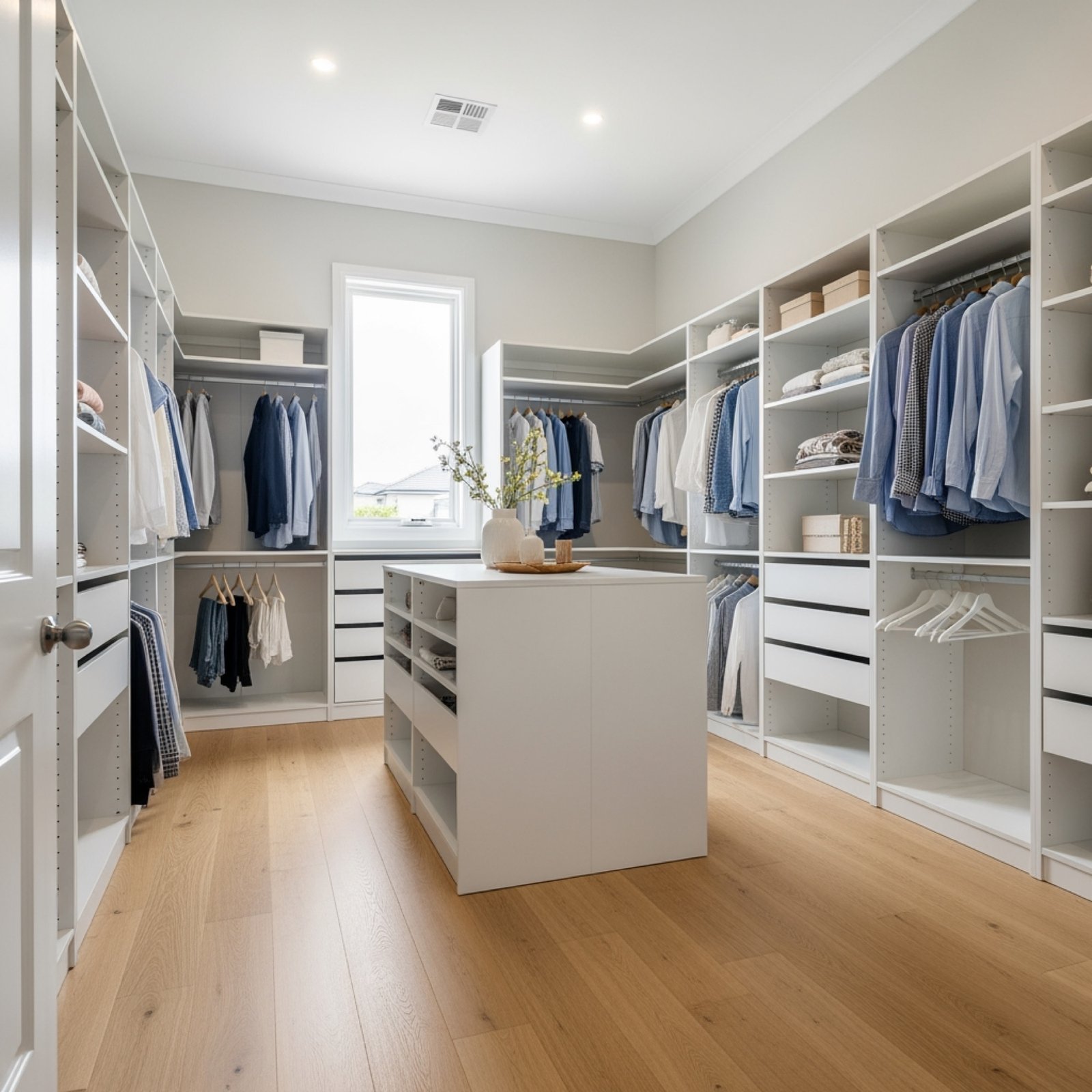 A bright walk-in wardrobe with neatly arranged clothes and a white island beneath a window