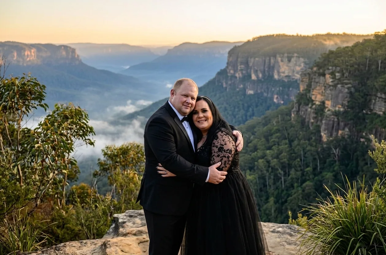 A newly married couple embracing at a mountain lookout