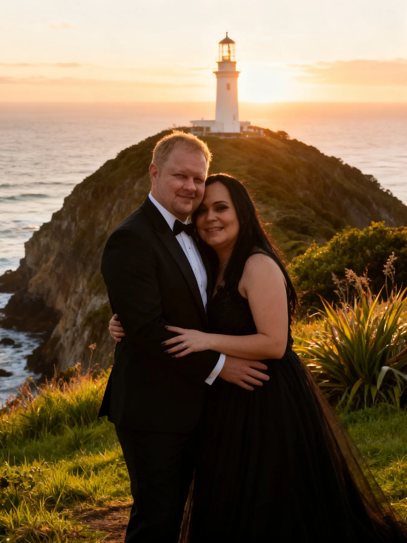 A wedding couple embracing beside a rugged ocean headland