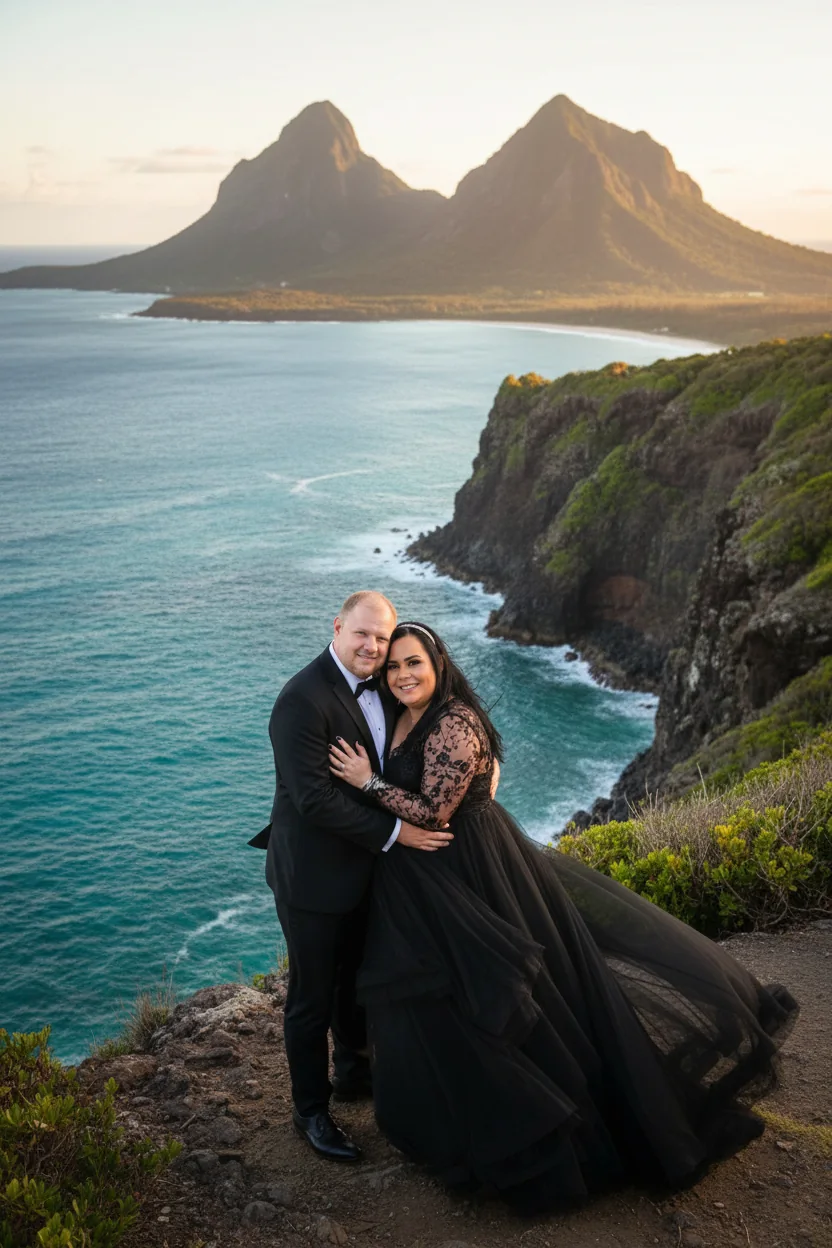 A couple in wedding attire overlooking a dramatic blue coastline