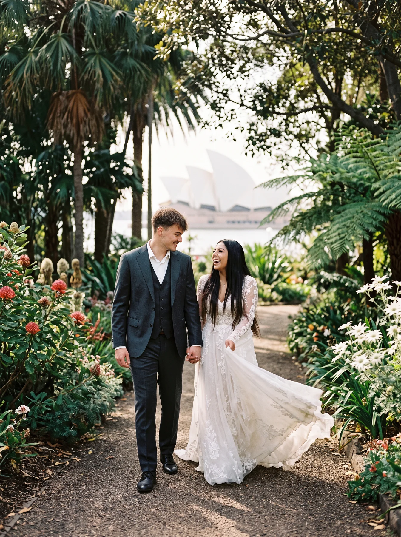 A bride and groom walking together through a lush garden