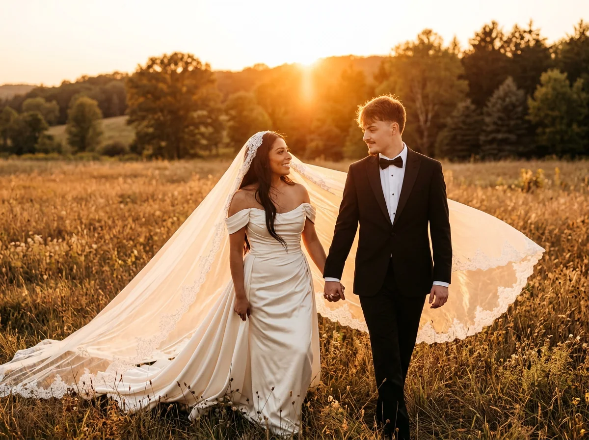 A newly married couple walking hand in hand through a sunlit field