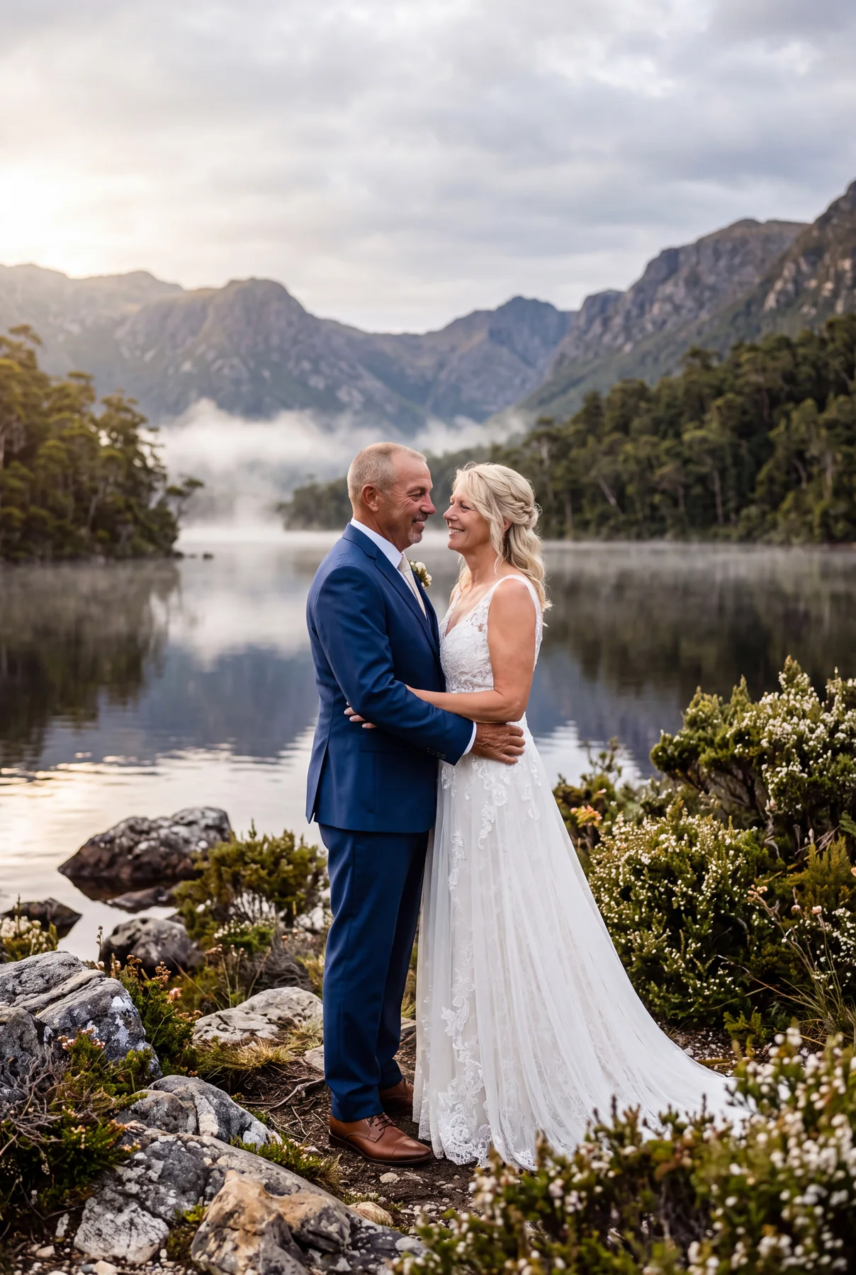 A wedding couple embracing beside a mist-covered mountain lake