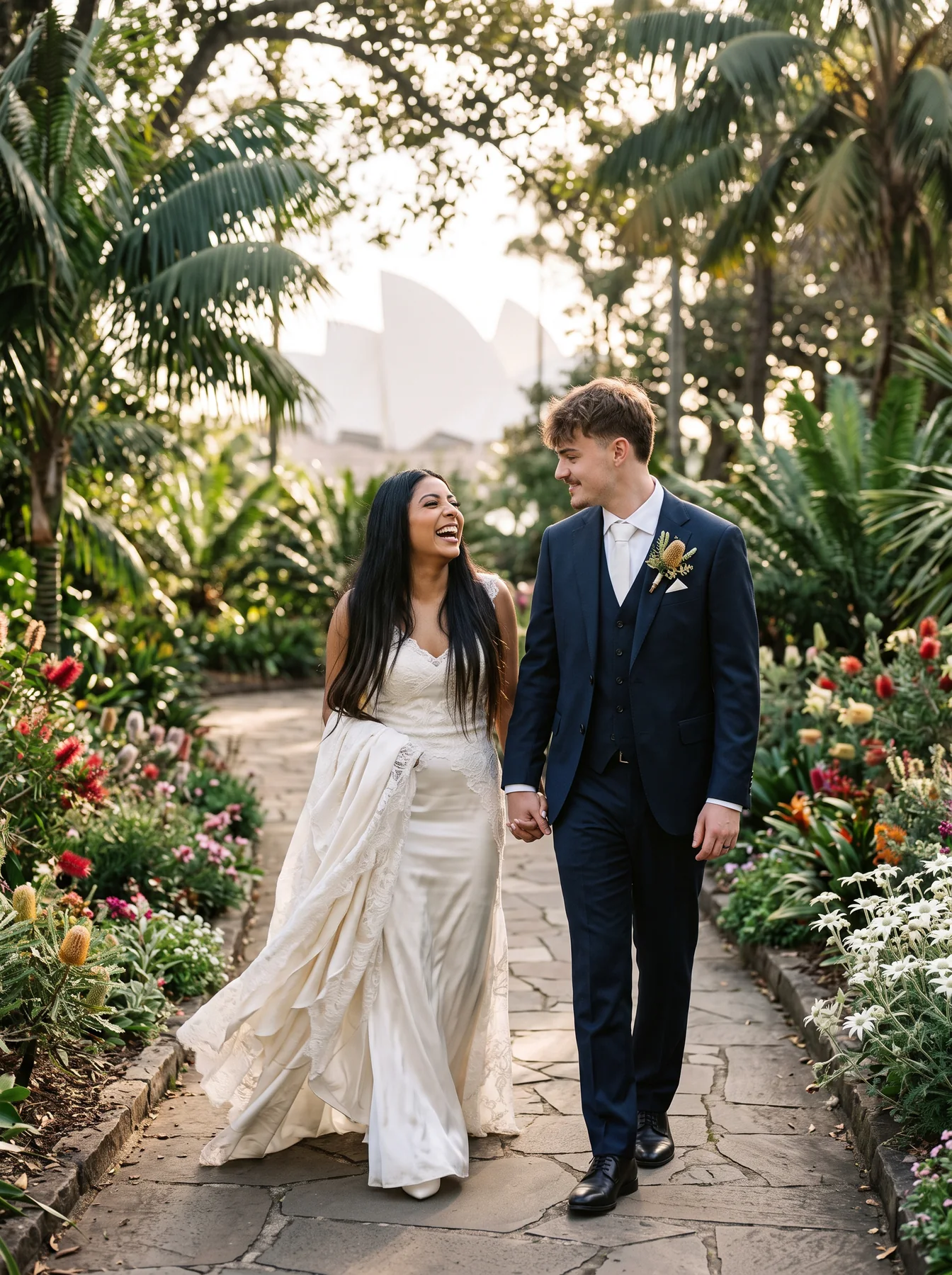 A newly married couple laughing together in a botanical garden