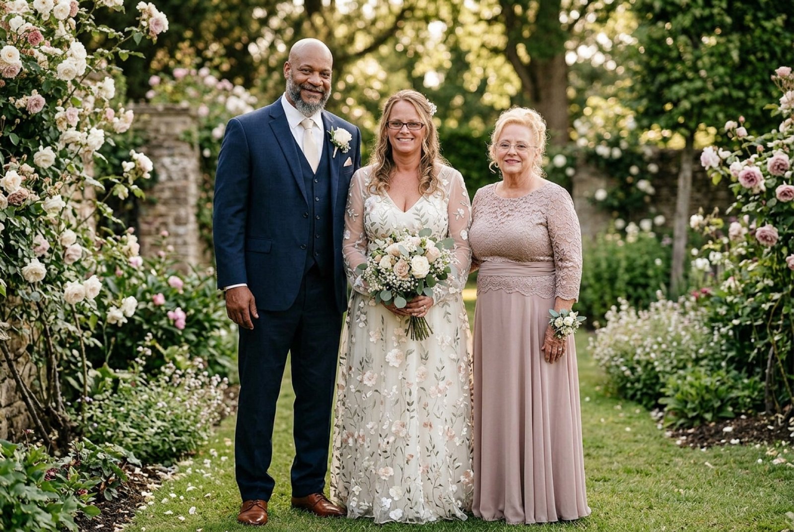 A bride and groom standing with a woman in a blush dress in a flowering rose garden
