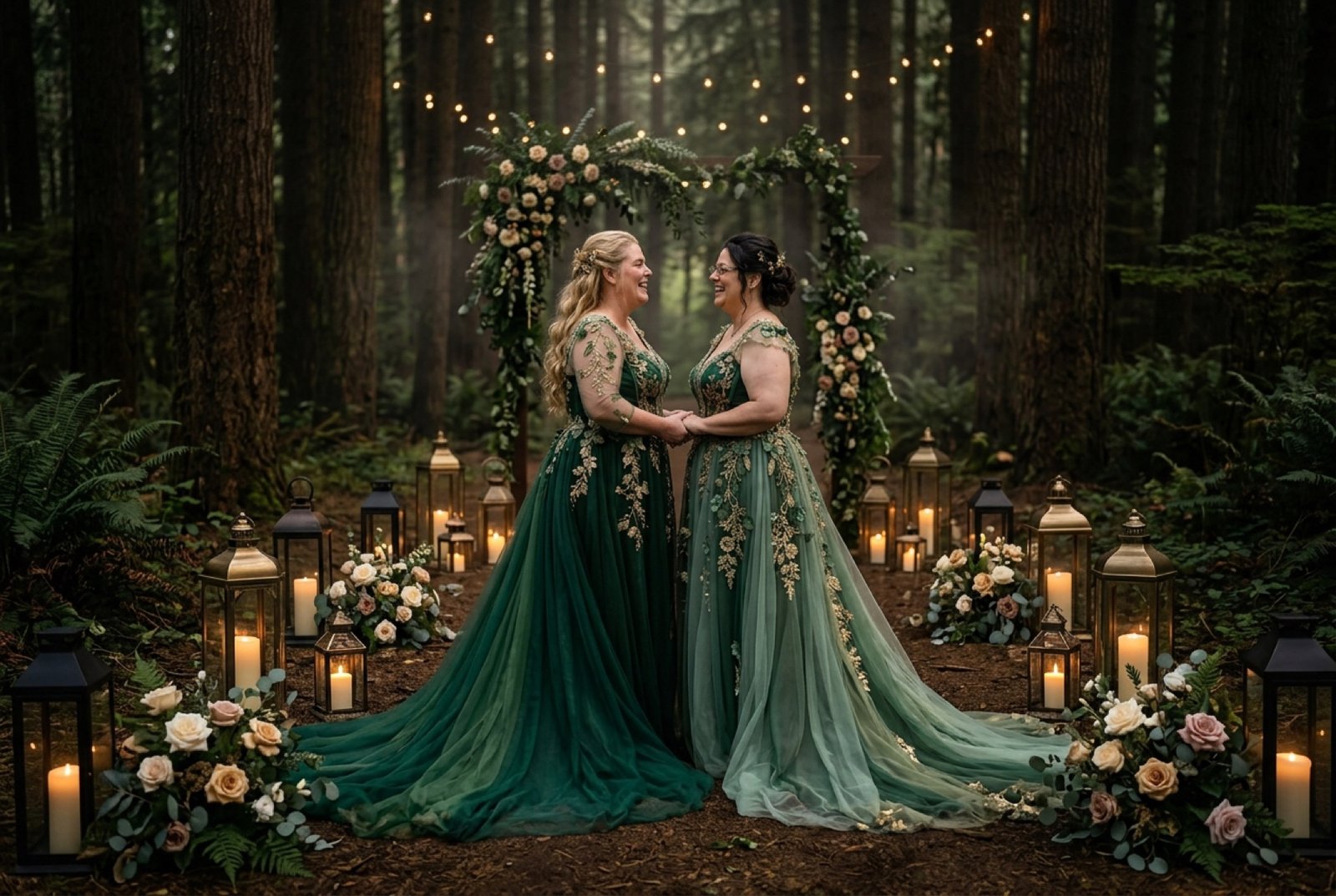Two brides in flowing green gowns holding hands beneath a floral arch, surrounded by lanterns in a woodland setting